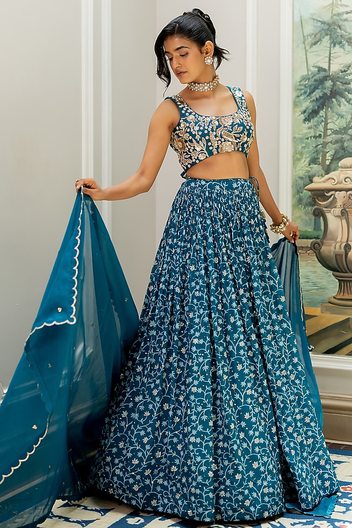 Teal Blue Chiniya Silk Floral Printed Wedding Lehenga Set by Paulmi & Harsh at Pernia's Pop Up Shop