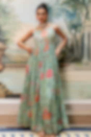 Mint Blue Georgette Floral Printed Maxi Vacation Dress by Paulmi & Harsh at Pernia's Pop Up Shop