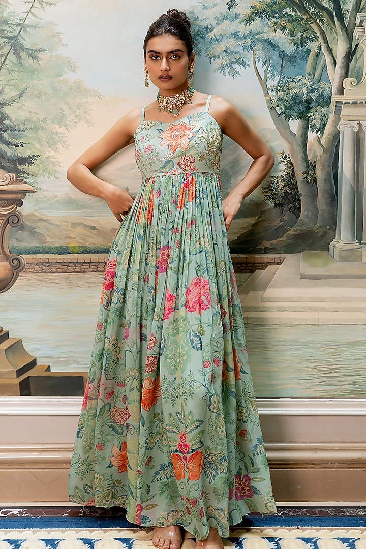 Mint Blue Georgette Floral Printed Maxi Vacation Dress by Paulmi & Harsh at Pernia's Pop Up Shop
