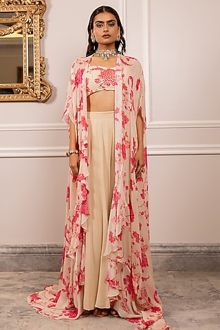 Off-White & Pink Georgette Floral Printed Jacket Set by Paulmi & Harsh