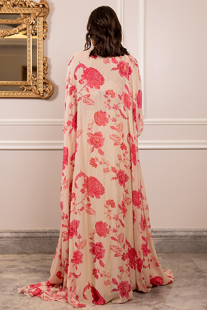 Off-White & Pink Georgette Floral Printed Jacket Set by Paulmi & Harsh at Pernia's Pop Up Shop