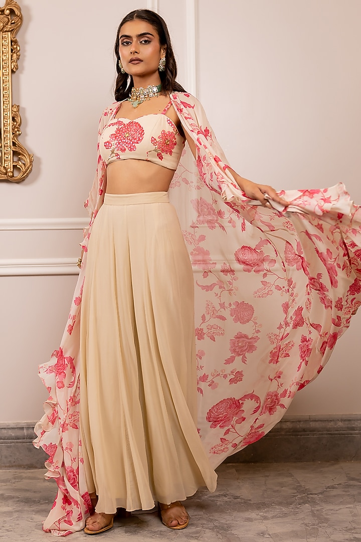 Off-White & Pink Georgette Floral Printed Jacket Set by Paulmi & Harsh at Pernia's Pop Up Shop