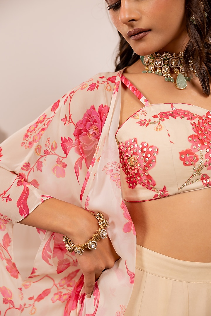 Off-White & Pink Georgette Floral Printed Jacket Set by Paulmi & Harsh at Pernia's Pop Up Shop