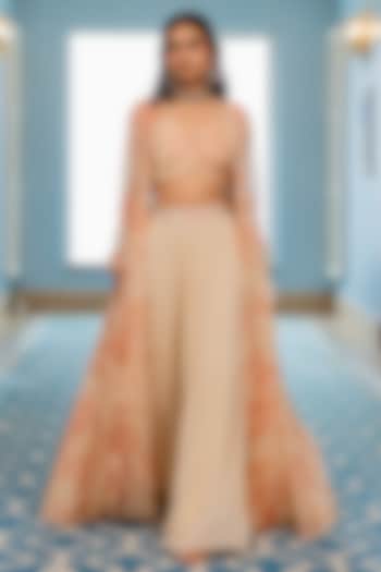 Peach & Ivory Georgette Floral Printed Jacket Set by Paulmi & Harsh at Pernia's Pop Up Shop