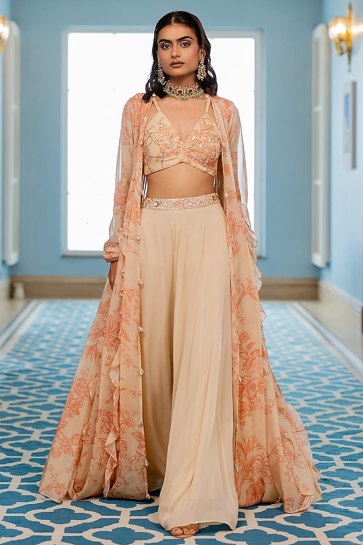 Peach & Ivory Georgette Floral Printed Jacket Set by Paulmi & Harsh at Pernia's Pop Up Shop