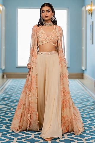 Peach & Ivory Georgette Floral Printed Jacket Set by Paulmi & Harsh