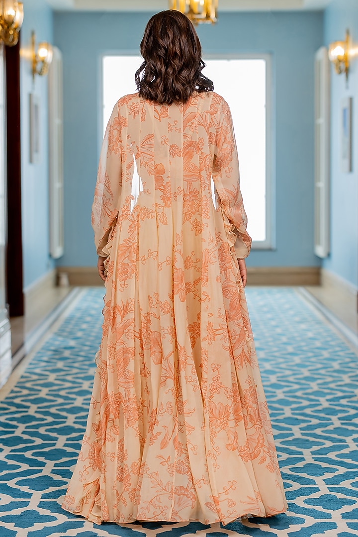 Peach & Ivory Georgette Floral Printed Jacket Set by Paulmi & Harsh at Pernia's Pop Up Shop