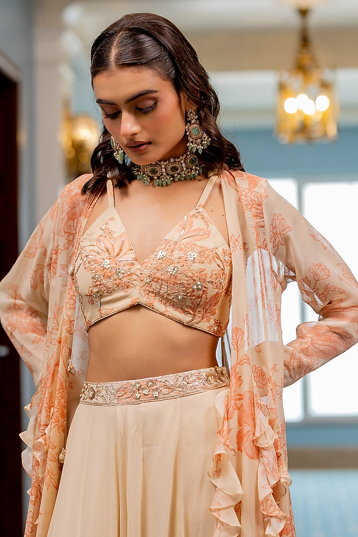 Peach & Ivory Georgette Floral Printed Jacket Set by Paulmi & Harsh at Pernia's Pop Up Shop