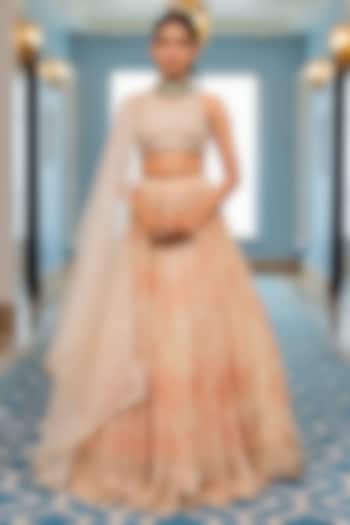 Peach & Off-White Georgette Floral Printed Wedding Lehenga Set by Paulmi & Harsh at Pernia's Pop Up Shop