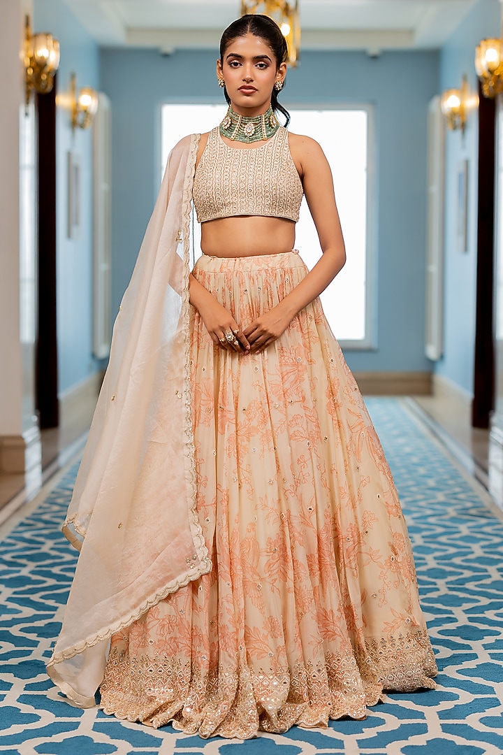 Peach & Off-White Georgette Floral Printed Wedding Lehenga Set by Paulmi & Harsh at Pernia's Pop Up Shop
