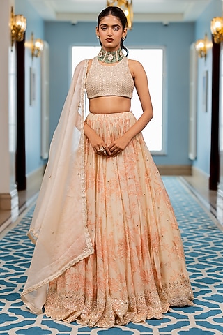 Peach & Off-White Georgette Floral Printed Lehenga Set by Paulmi & Harsh