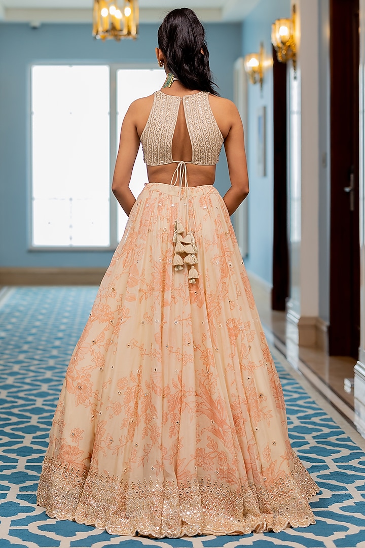 Peach & Off-White Georgette Floral Printed Wedding Lehenga Set by Paulmi & Harsh at Pernia's Pop Up Shop