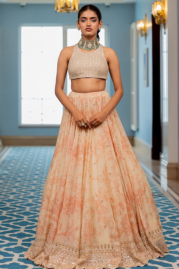 Peach & Off-White Georgette Floral Printed Wedding Lehenga Set by Paulmi & Harsh at Pernia's Pop Up Shop