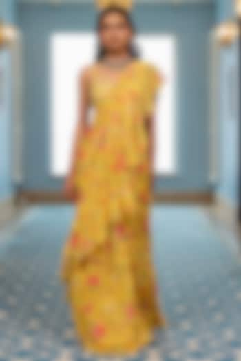 Yellow Georgette Floral Printed Ruffled Layered Party Wear Saree Set by Paulmi & Harsh at Pernia's Pop Up Shop