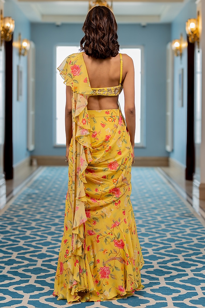 Yellow Georgette Floral Printed Ruffled Layered Wedding Saree Set by Paulmi & Harsh at Pernia's Pop Up Shop