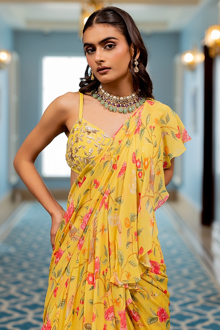 Yellow Georgette Floral Printed Ruffled Layered Wedding Saree Set by Paulmi & Harsh at Pernia's Pop Up Shop
