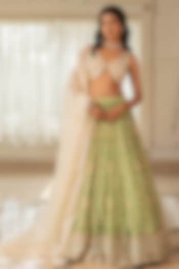 Pista Green & Off-White Georgette Floral Printed Wedding Lehenga Set by Paulmi & Harsh at Pernia's Pop Up Shop
