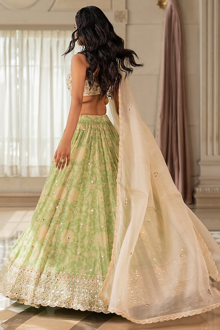 Pista Green & Off-White Georgette Floral Printed Wedding Lehenga Set by Paulmi & Harsh at Pernia's Pop Up Shop