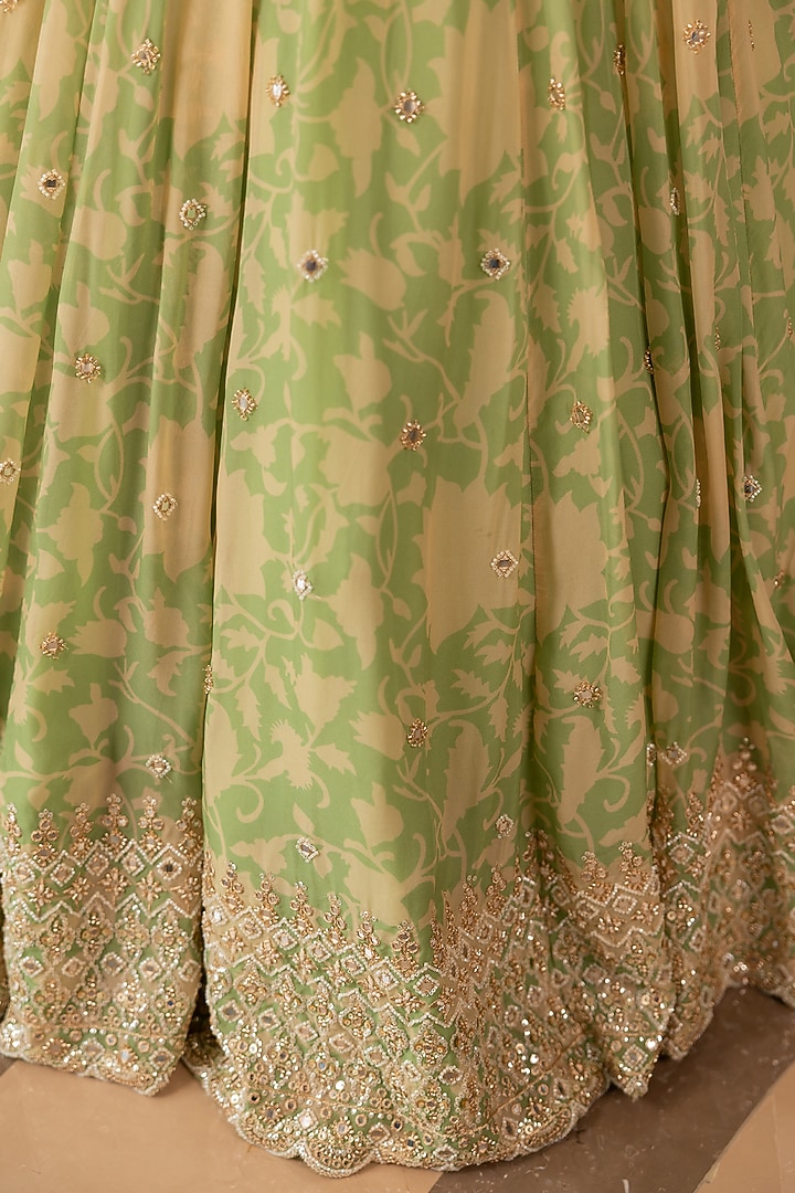 Pista Green & Off-White Georgette Floral Printed Wedding Lehenga Set by Paulmi & Harsh at Pernia's Pop Up Shop