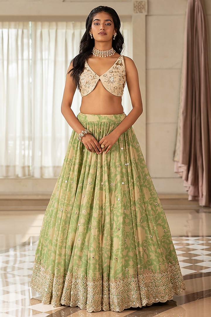 Pista Green & Off-White Georgette Floral Printed Wedding Lehenga Set by Paulmi & Harsh at Pernia's Pop Up Shop
