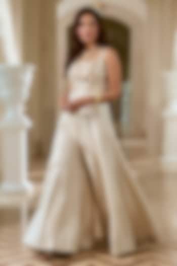 Ivory Jacquard Hand Embroidered Jumpsuit by Paulmi & Harsh at Pernia's Pop Up Shop