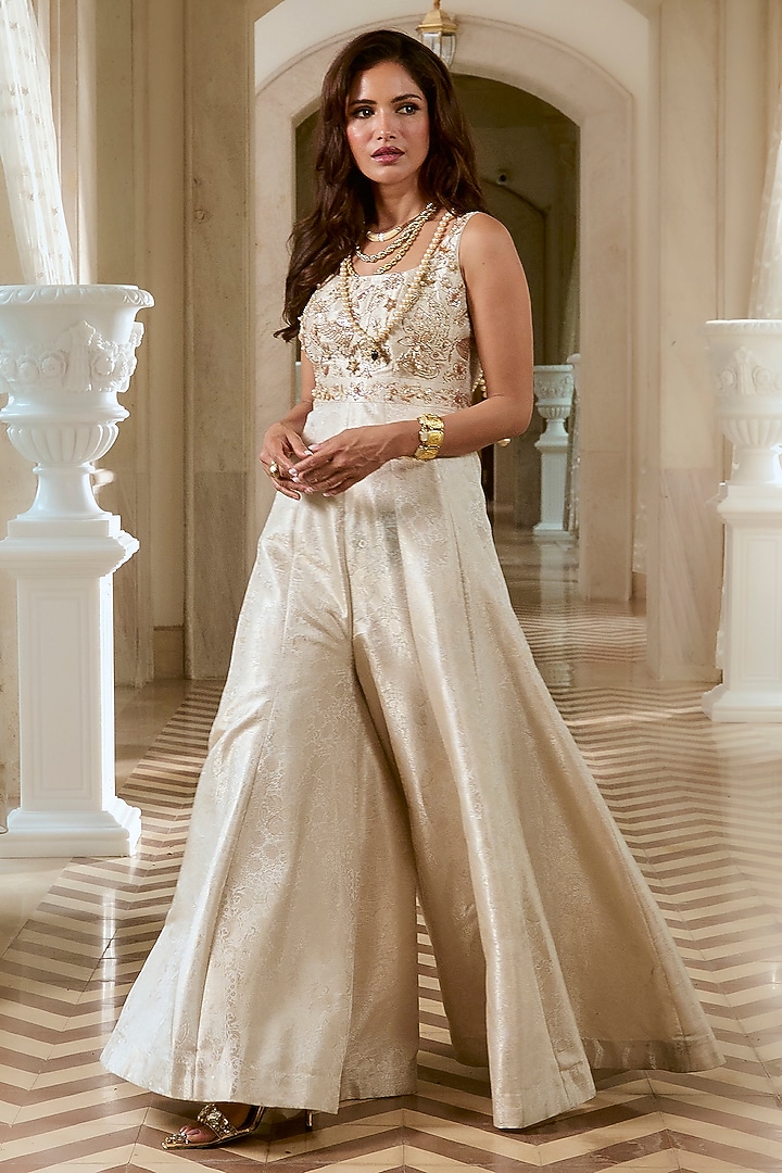 Ivory Jacquard Hand Embroidered Jumpsuit by Paulmi & Harsh at Pernia's Pop Up Shop