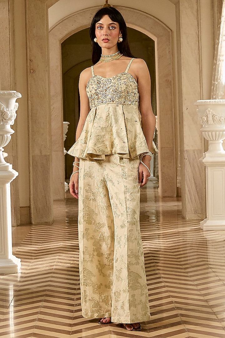 Ivory Jacquard Zardosi Embroidered Co-Ord Set by Paulmi & Harsh at Pernia's Pop Up Shop