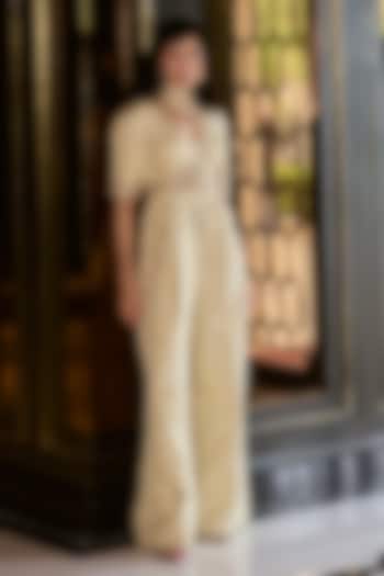 Ivory Jacquard Embroidered Jumpsuit by Paulmi & Harsh at Pernia's Pop Up Shop