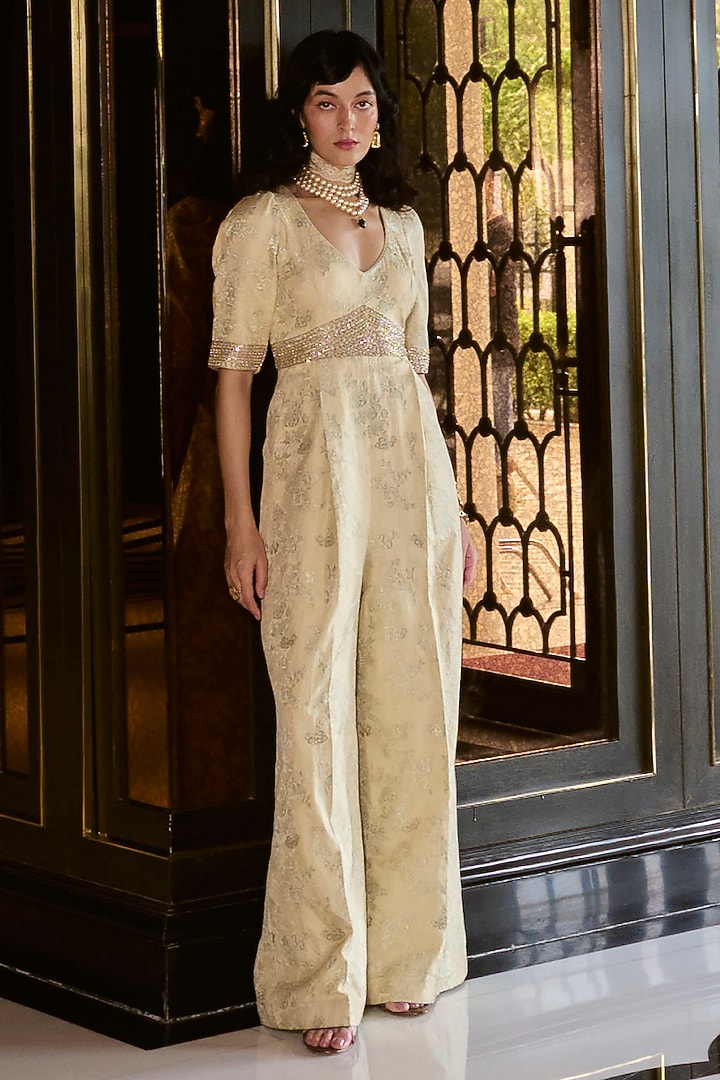 Ivory Jacquard Embroidered Jumpsuit by Paulmi & Harsh at Pernia's Pop Up Shop