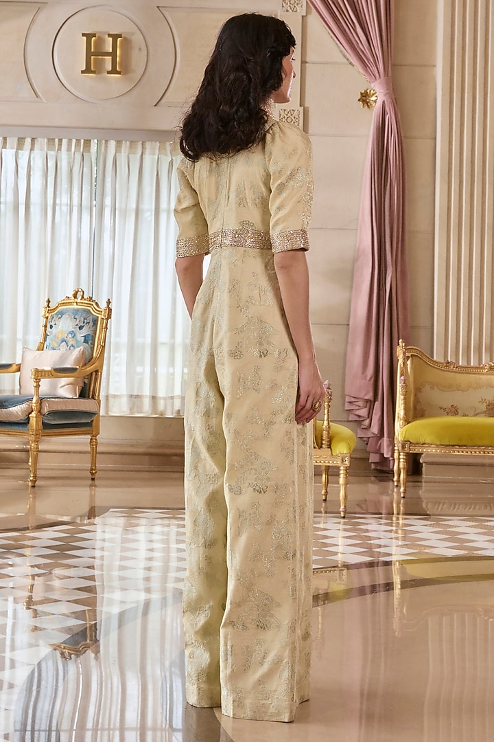Ivory Jacquard Embroidered Jumpsuit by Paulmi & Harsh at Pernia's Pop Up Shop