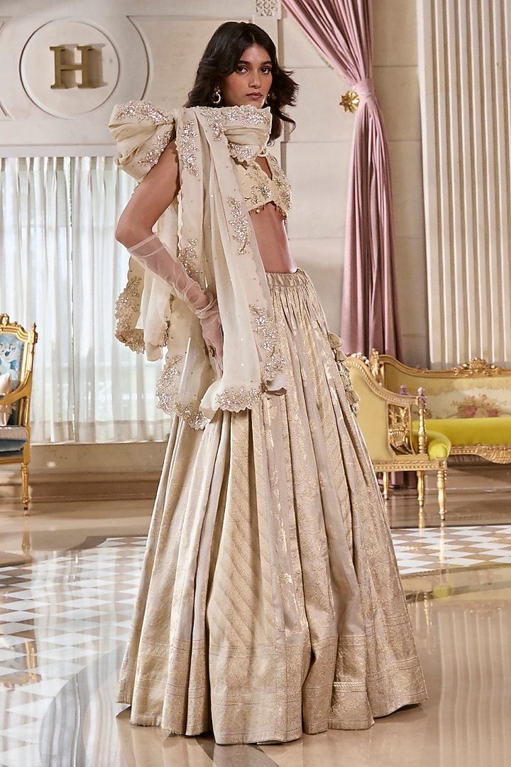 Pearl Grey Jacquard Hand Embroidered Wedding Lehenga Set by Paulmi & Harsh at Pernia's Pop Up Shop