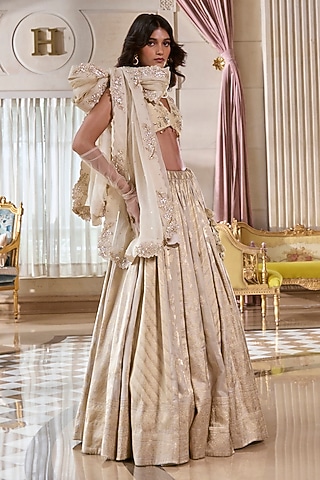 Pearl Grey Jacquard Hand Embroidered Lehenga Set by Paulmi & Harsh