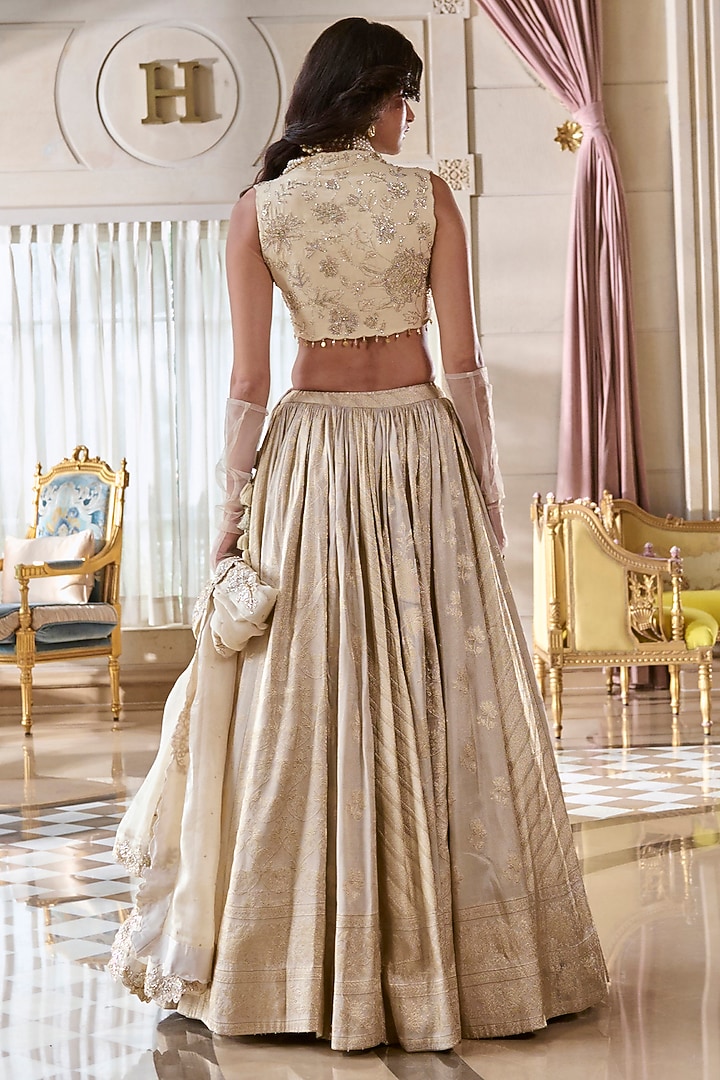 Pearl Grey Jacquard Hand Embroidered Wedding Lehenga Set by Paulmi & Harsh at Pernia's Pop Up Shop