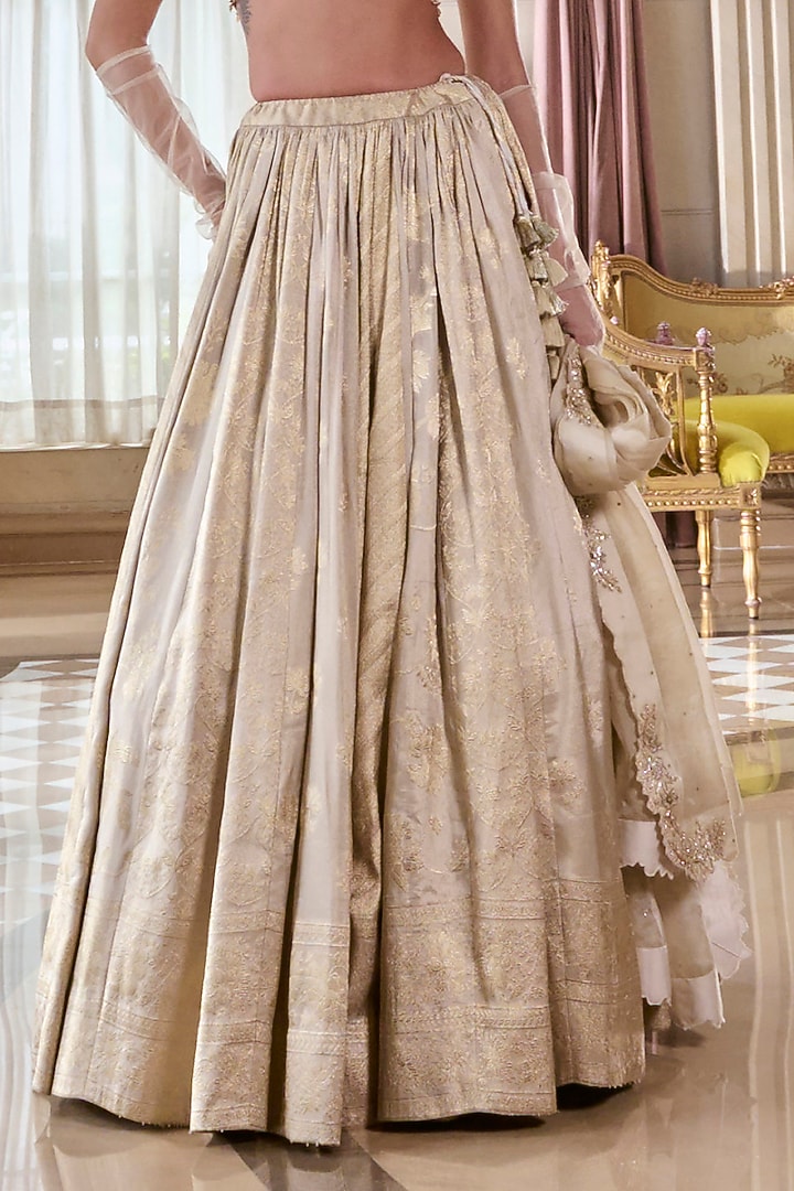 Pearl Grey Jacquard Hand Embroidered Wedding Lehenga Set by Paulmi & Harsh at Pernia's Pop Up Shop