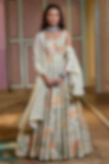 Ivory Jacquard Floral Printed & Embroidered Wedding Anarkali Set by Paulmi & Harsh at Pernia's Pop Up Shop