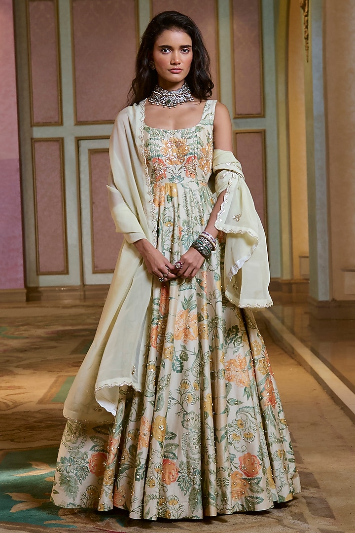 Ivory Jacquard Floral Printed & Embroidered Wedding Anarkali Set by Paulmi & Harsh at Pernia's Pop Up Shop