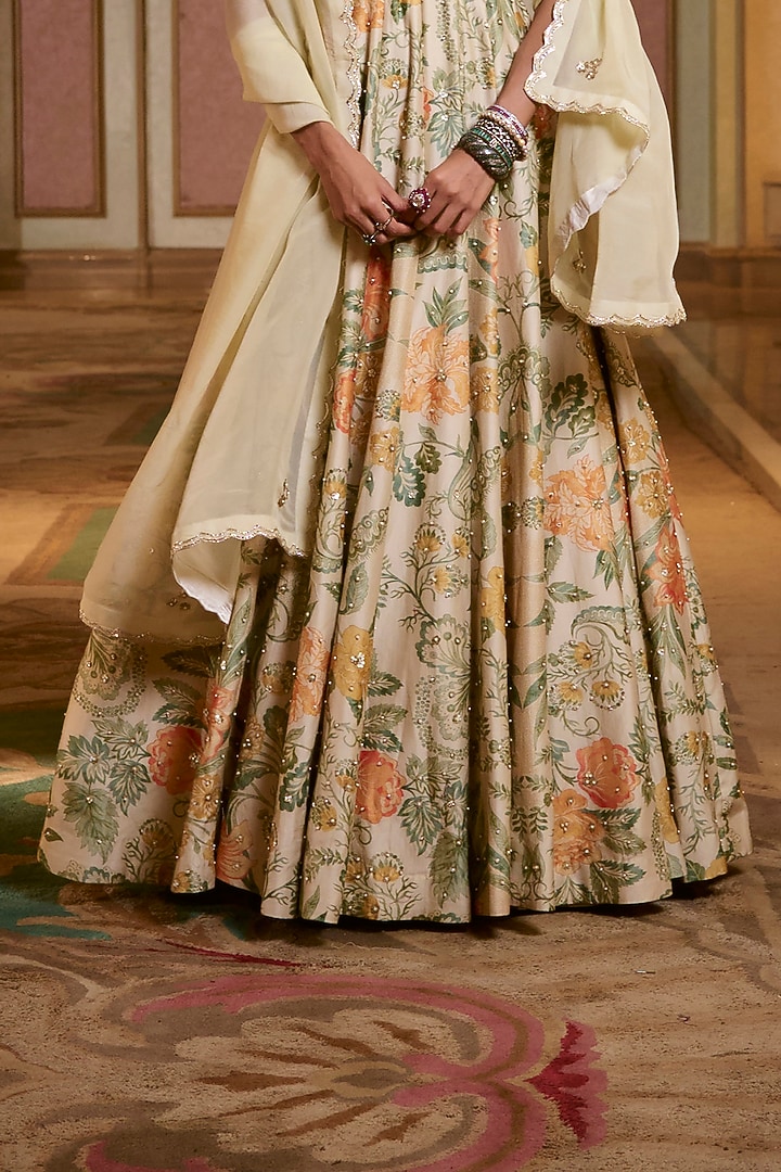 Ivory Jacquard Floral Printed & Embroidered Wedding Anarkali Set by Paulmi & Harsh at Pernia's Pop Up Shop
