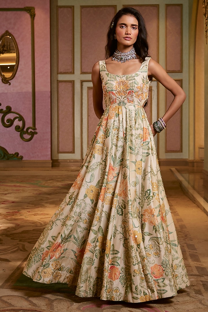 Ivory Jacquard Floral Printed & Embroidered Wedding Anarkali Set by Paulmi & Harsh at Pernia's Pop Up Shop