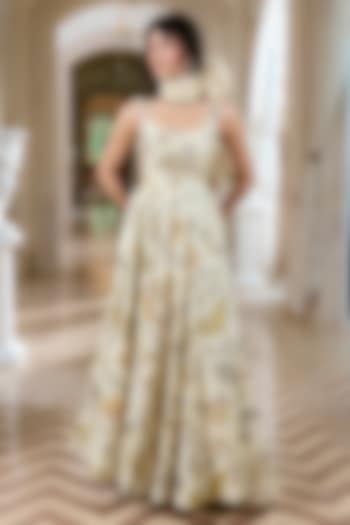 Ivory Jacquard Floral Printed & Embroidered Wedding Anarkali Set by Paulmi & Harsh at Pernia's Pop Up Shop