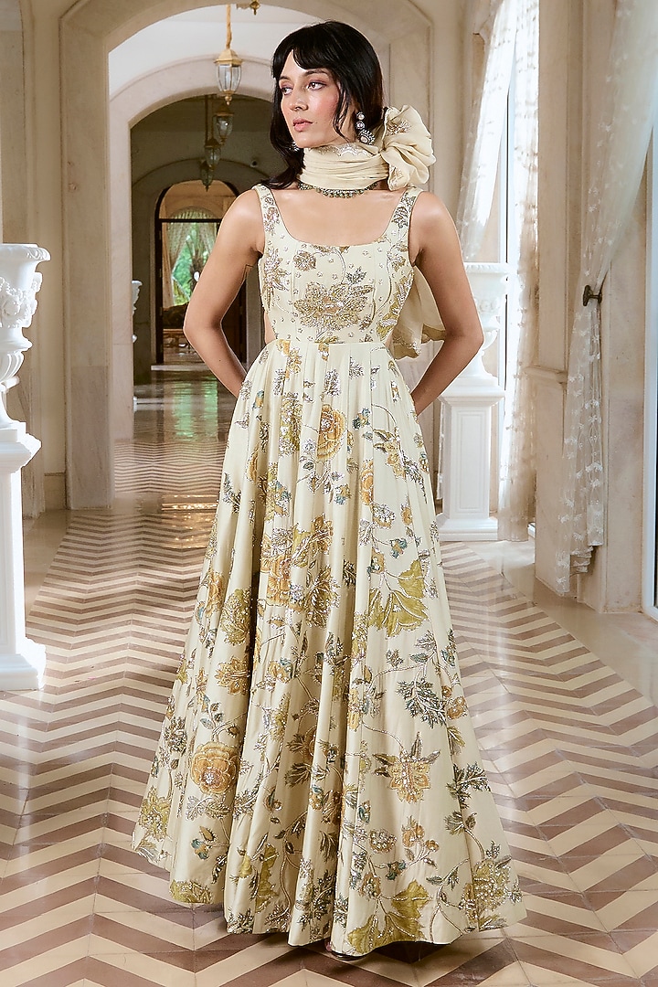 Ivory Jacquard Floral Printed & Embroidered Wedding Anarkali Set by Paulmi & Harsh at Pernia's Pop Up Shop