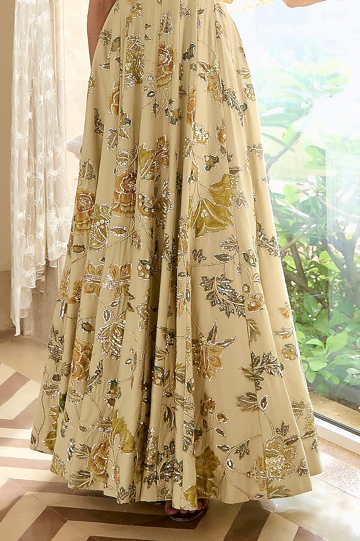 Ivory Jacquard Floral Printed & Embroidered Wedding Anarkali Set by Paulmi & Harsh at Pernia's Pop Up Shop