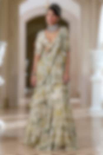 Ivory Chiffon Floral Printed Pre-Draped Ruffle Set by Paulmi & Harsh at Pernia's Pop Up Shop