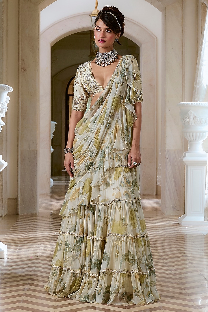 Ivory Chiffon Floral Printed Pre-Draped Ruffle Set by Paulmi & Harsh at Pernia's Pop Up Shop