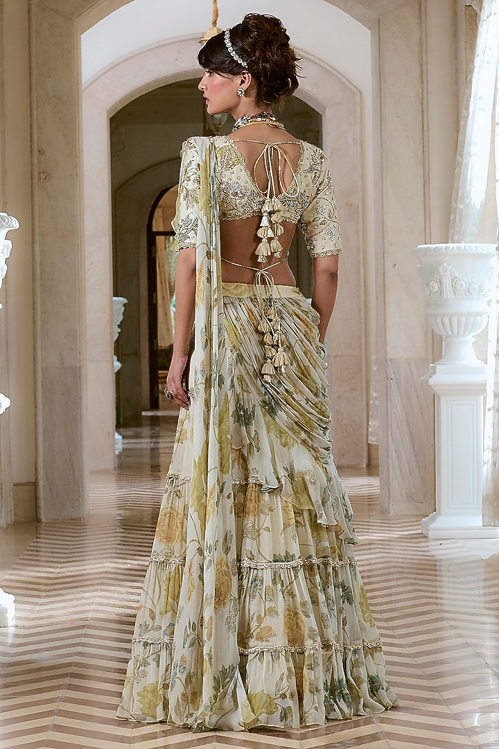 Ivory Chiffon Floral Printed Pre-Draped Ruffle Wedding Saree Set by Paulmi & Harsh at Pernia's Pop Up Shop