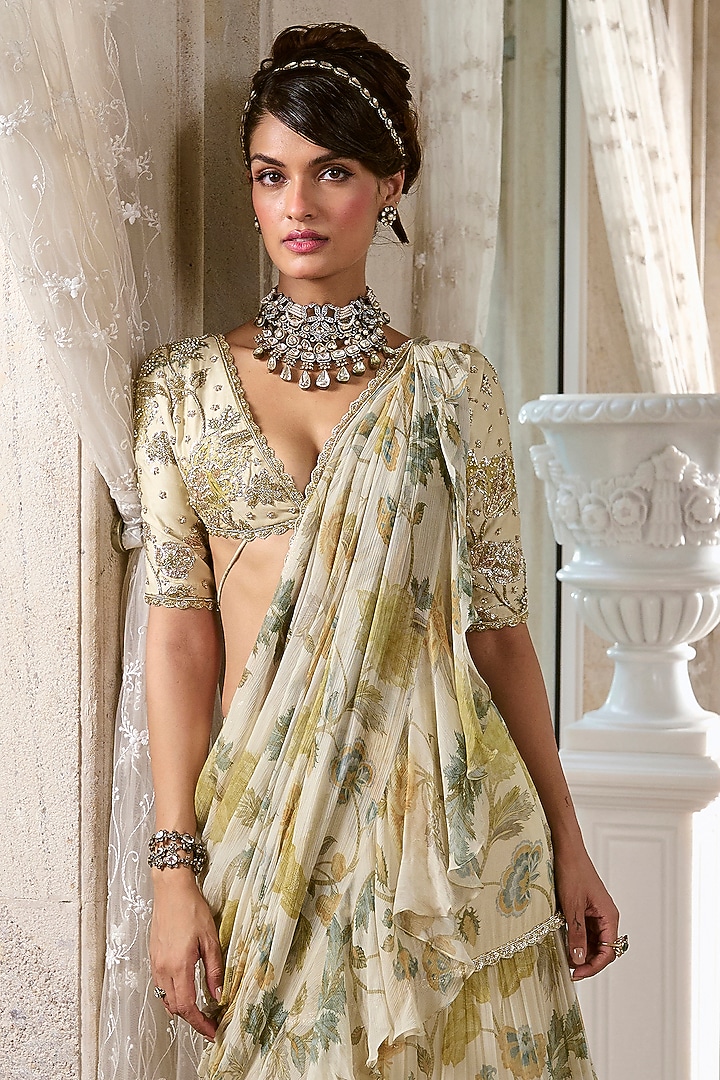 Ivory Chiffon Floral Printed Pre-Draped Ruffle Wedding Saree Set by Paulmi & Harsh at Pernia's Pop Up Shop
