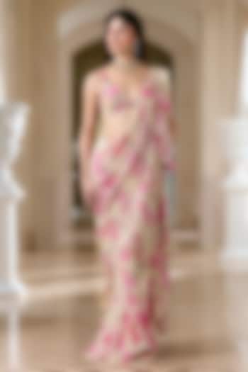 Ivory Georgette Floral Printed Pre-Draped Ruffled Set by Paulmi & Harsh at Pernia's Pop Up Shop