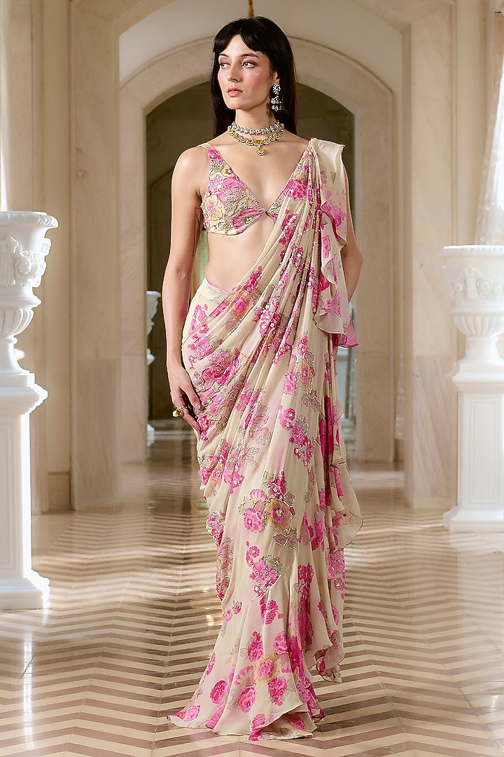 Ivory Georgette Floral Printed Pre-Draped Ruffled Set by Paulmi & Harsh at Pernia's Pop Up Shop