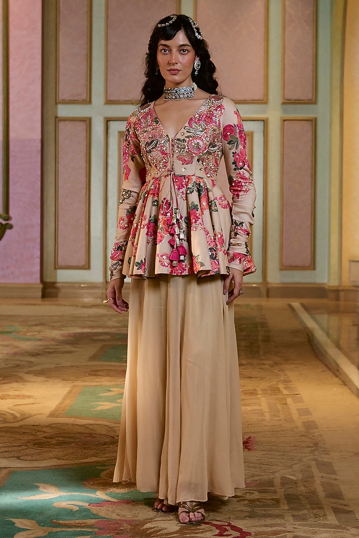 Chicory-Colored Chiniya Silk Floral Printed Co-Ord Set by Paulmi & Harsh at Pernia's Pop Up Shop