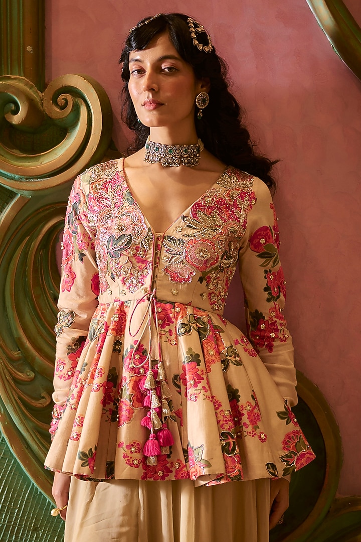 Chicory-Colored Chiniya Silk Floral Printed Co-Ord Set by Paulmi & Harsh at Pernia's Pop Up Shop