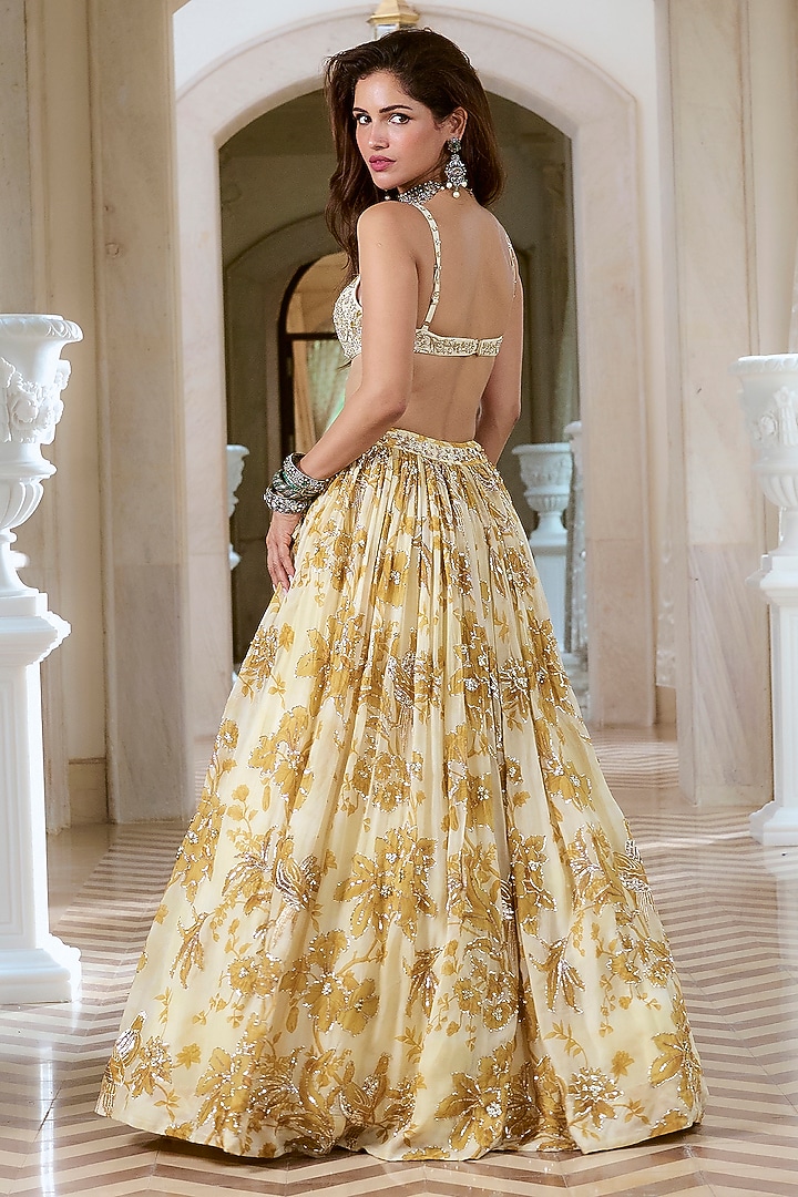Ivory Organza Floral Motif Embroidered Wedding Lehenga Set by Paulmi & Harsh at Pernia's Pop Up Shop